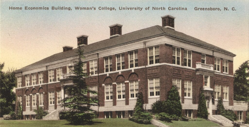 This circa 1935 postcard shows the Home Economics Building. The incription reads, "Home Economics Building, Woman's College, University of North Carolina Greensboro, N. C.